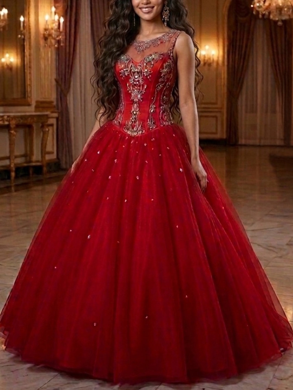 Mary's Bridal Red Ball Gown with Embellished Illusion Bodice size 12